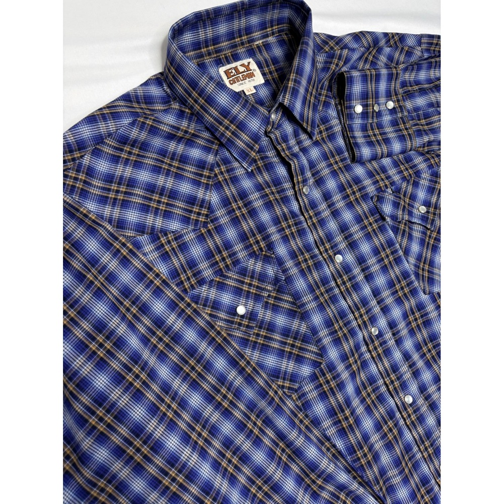 Ely Cattleman Mens XL Blue Plaid Western Pearl Snap Long Sleeve Shirt Yoke